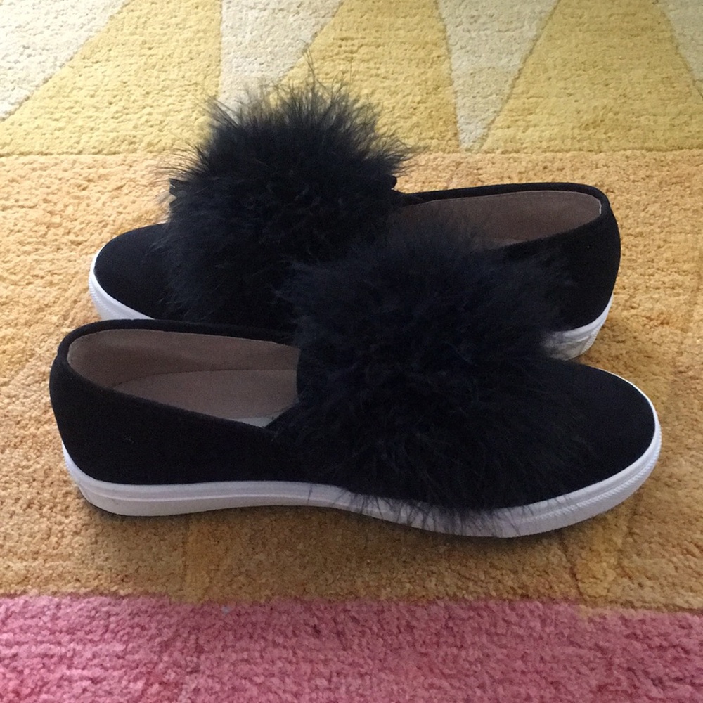 Black Steve Madden Faux Fur Pouf Slip On Sneakers
